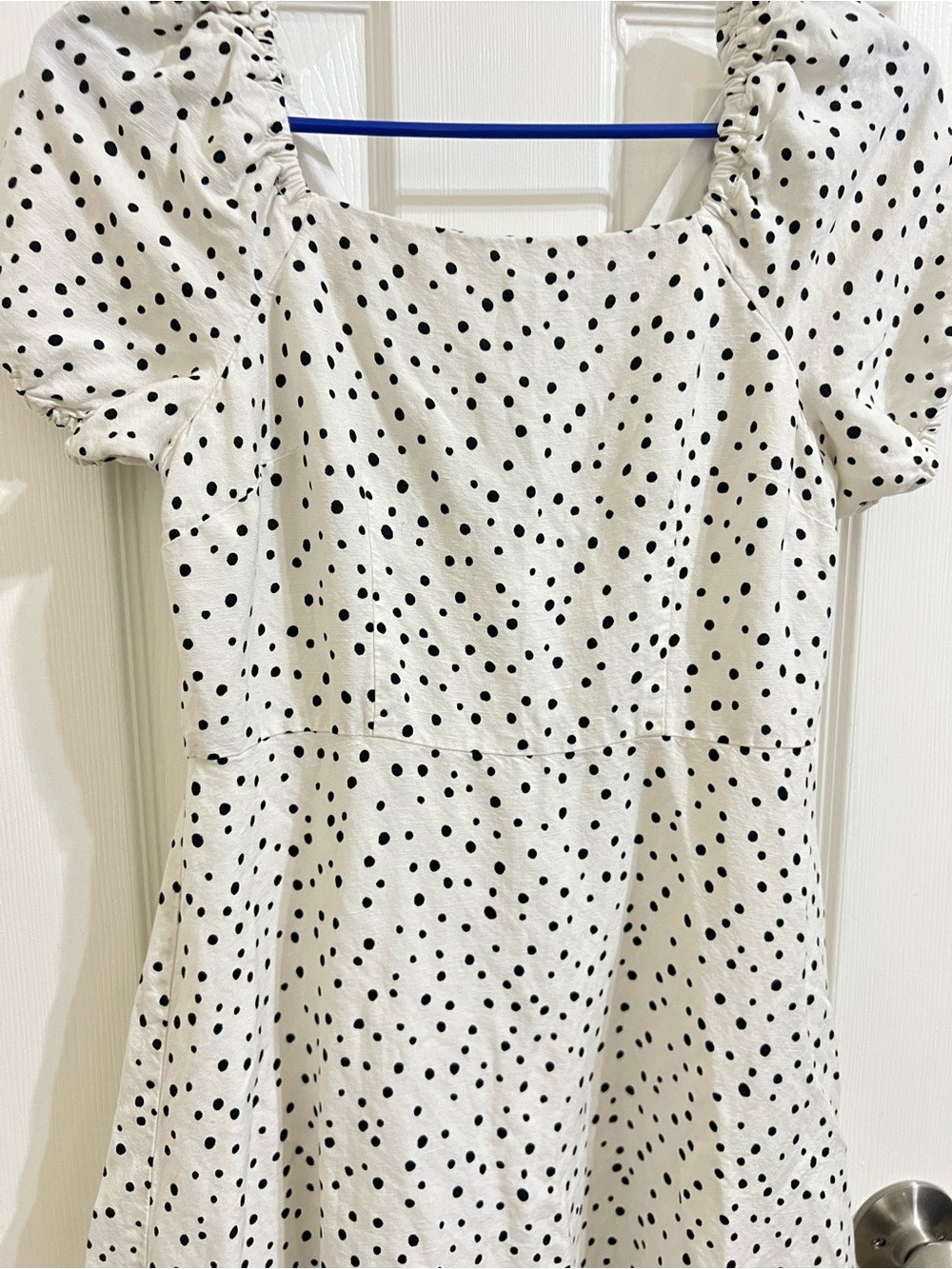 LOFT White Polka Dot Puff Sleeve Mini Dress with Bow detail on Back size XS